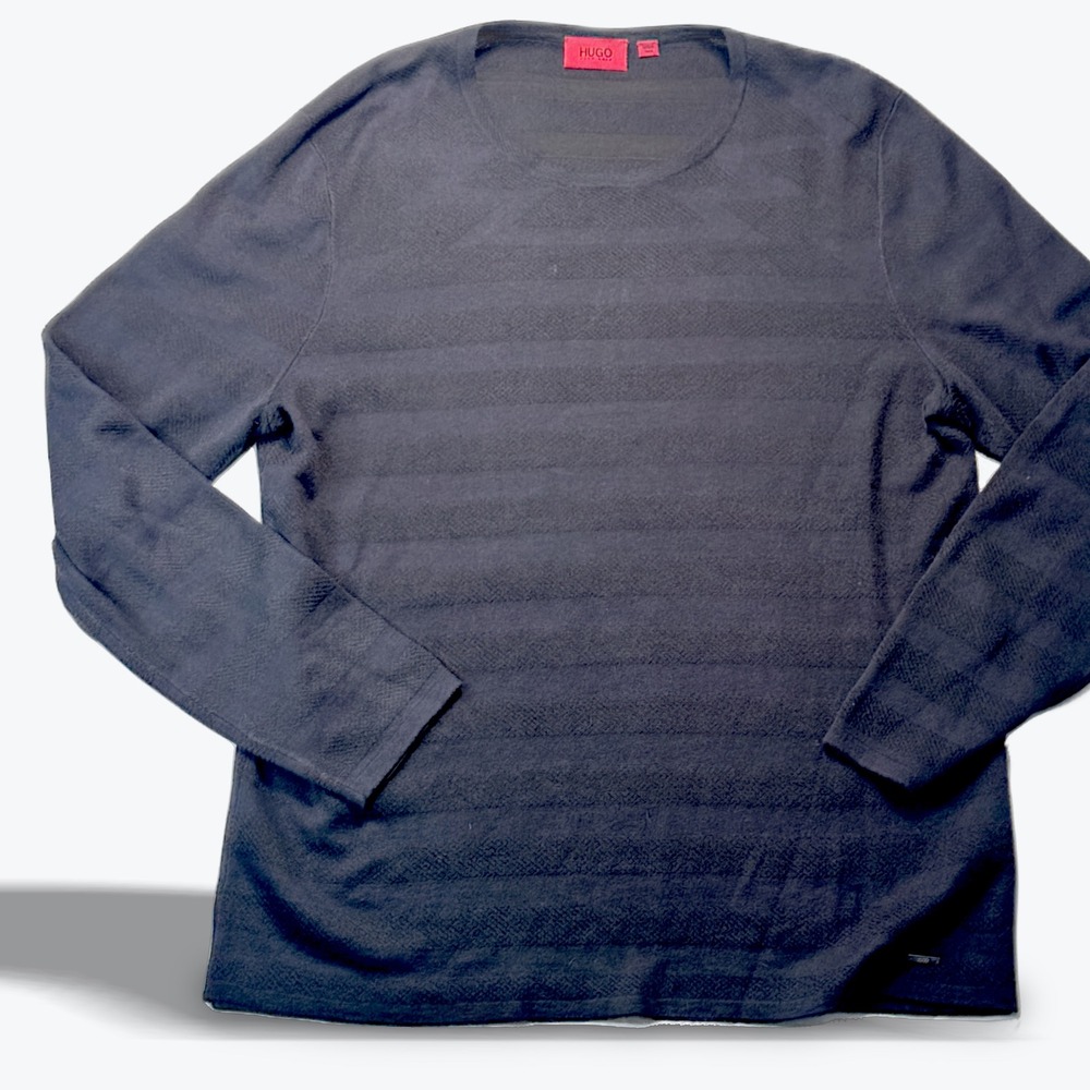 Hugo Boss Sweater Sluis Tonal Striped Textured Tight Knit Navy Blue Mens Large L
